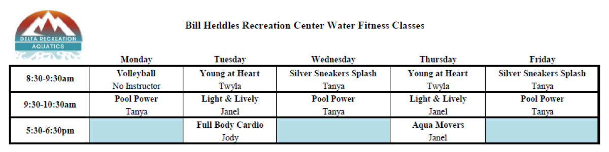 Schedule of water fitness classes organized by Time of day and day of the week